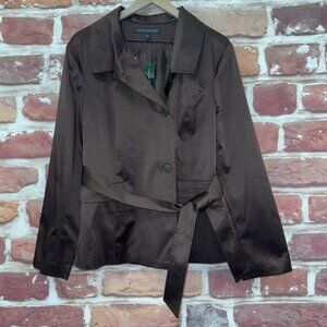 Harve Benard Jacket Women's Large Brown Satin Silky Tie Waist Button Up Blazer